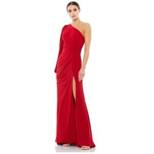 Mac Duggal One Shoulder Faux Wrap Gown Red Dress 10 Puff Sleeve
